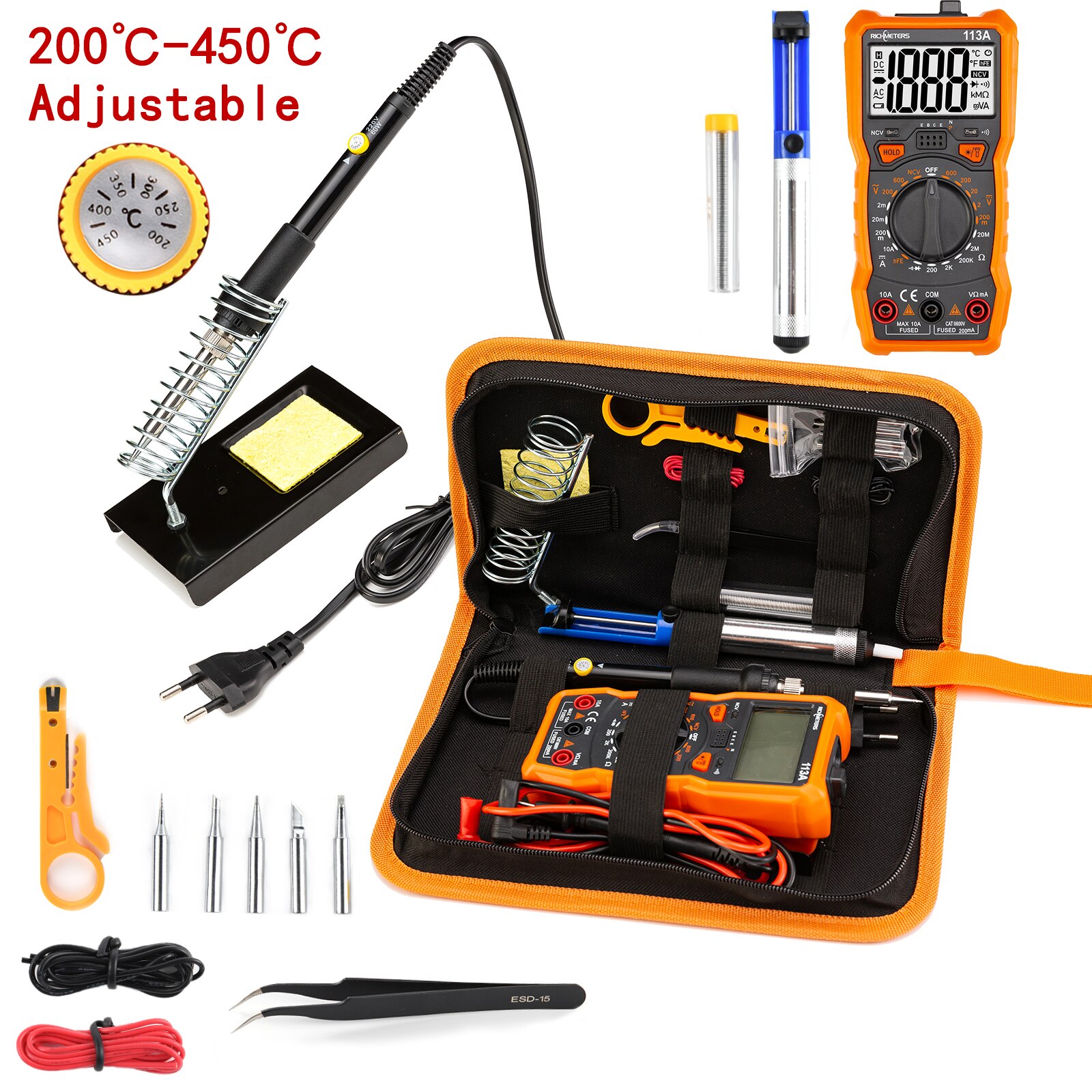 Letme Soldering iron with Digital multimeter kit Adjustable Temperature Auto Ranging AC/DC tester multimetro Welding Tool Kits: Gray / EU