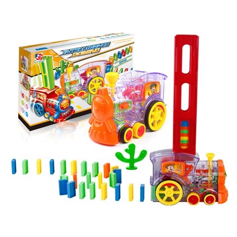 Domino togbillegetøj automatiske sæt  up 60 stk domino med lastning af patronlys og lydlegetøj til børnebarn: Gennemsigtig withbox