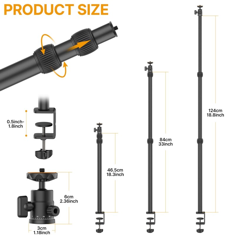 VIJIM LS03 Desk Light Mounting Stand 124CM Adjustable Tabletop Stand With 360° Removable Ballhead for DSLR Camera Ring Light