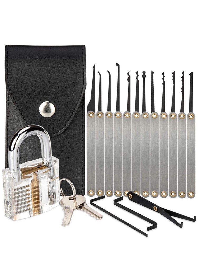 19pcs Transparent Visible Pick Cutaway Practice Padlock Lock With Broken Key Removing Hook Kit Extractor Locksmith Wrench Tool