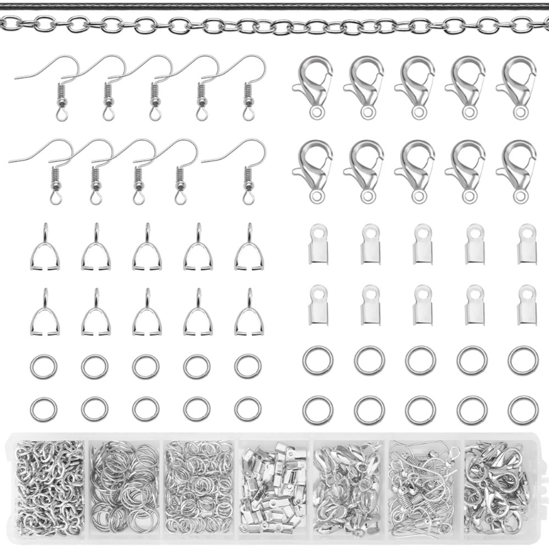 Necklace Earring Making Kit Chain Hooks Closed Loops Lobster Clasps Jewelry for Women Girl DIY Craft 7 Types Silver
