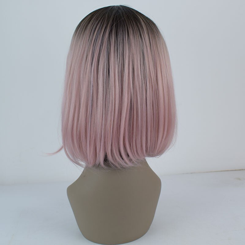 Bombshell preto raízes ombre rosa curto em linha reta bob peruca dianteira do laço sintético resistente ao calor fibra cabelo médio de separação para mulher