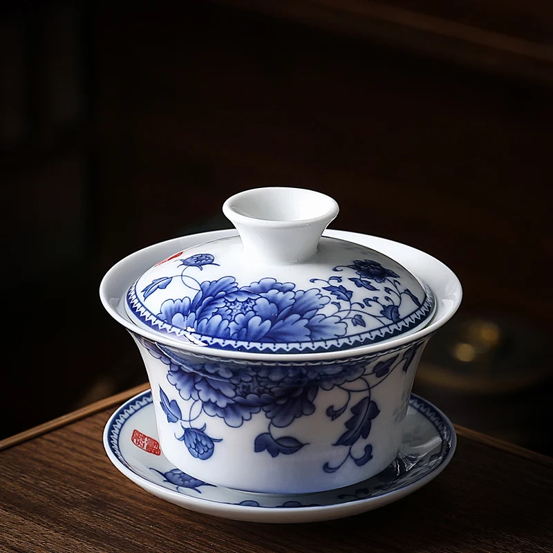 Chinese Blue and White Porcelain Gaiwan Portable Travel Tea Bowl Home Ceramic Teacup Handmade Teaware Personal Single Cup 140ml: A4