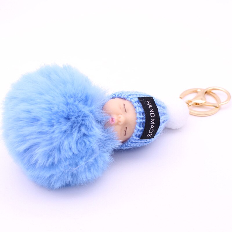ISINYEE Leuke Slapen Babypop Sleutelhangers Voor Vrouwen Bag Speelgoed Sleutelhanger 8 cm Pluizige Pom pom Faux Bont Sleutelhanger Trinket Sieraden