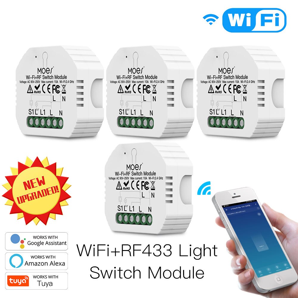 Mini DIY WiFi RF433 Smart Relay Switch Module Smart Life/Tuya App Control, Work with Alexa Google Home 1 Gang 1/2 Way: 4 PCs