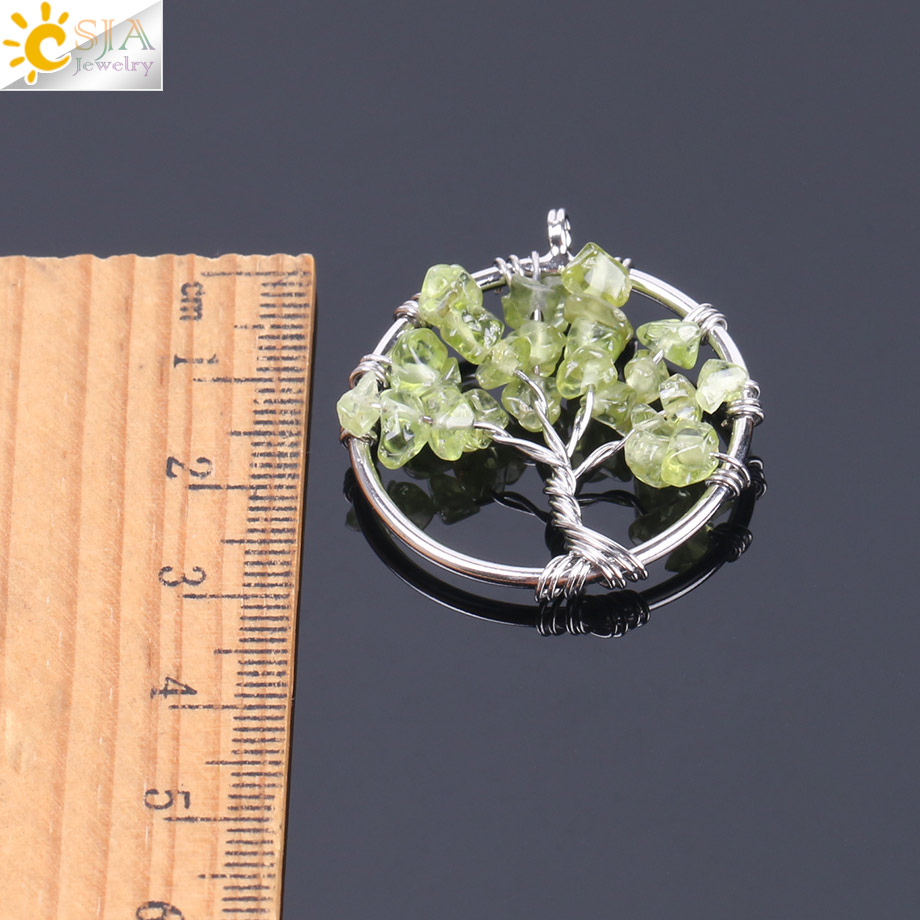 CSJA Tree of Life Necklace &amp; Pendant Silver Color Crystal Natural Gem Stone Chip Beads 7 Chakra Wire Wrapped Women Jewelry F141