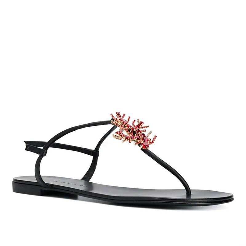 summer woman beach diamonds Red Coral flat sandal rhinestones Red Coral T strap flip-flop woman flat sandal INS Red Coral sandal