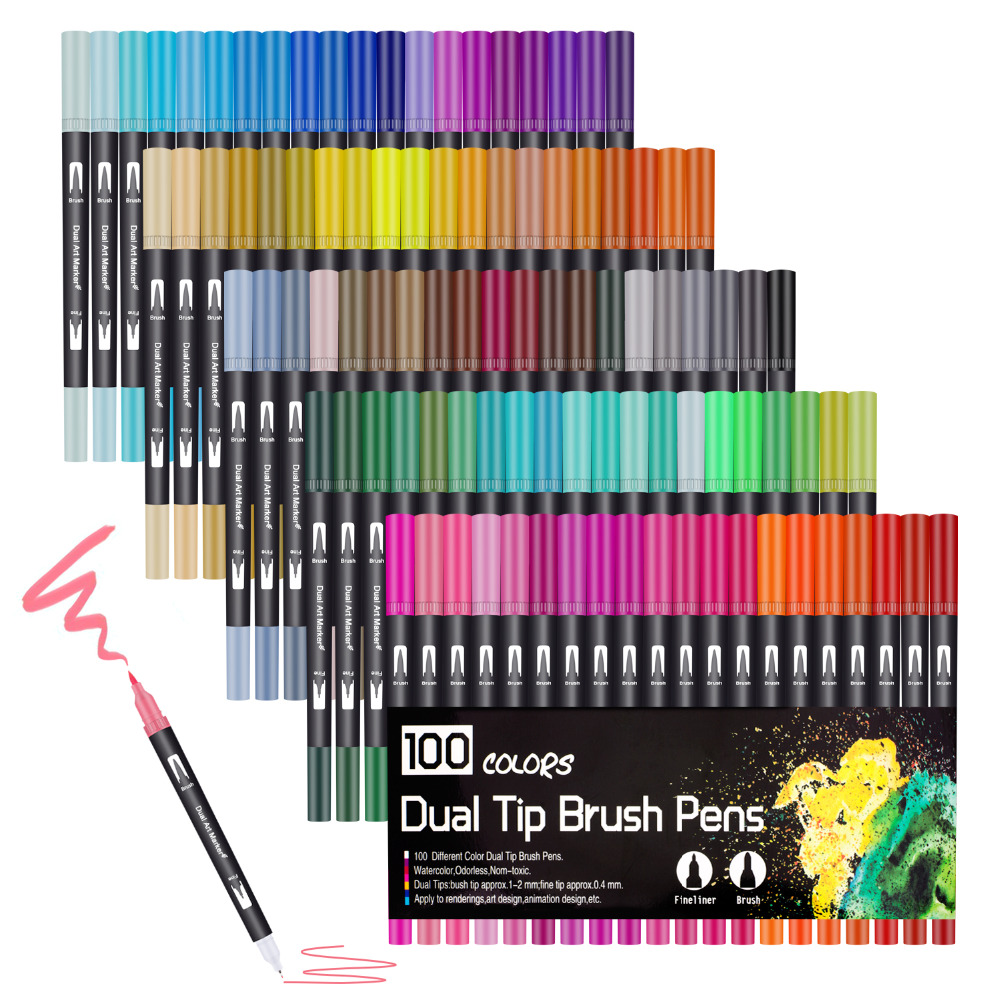 100 Colours Watercolour Brush Pen 2mm Brush Tip and 0.4mm For Fine Tip Dual Tip Art Markers for Adult Colouring Drawing Painting