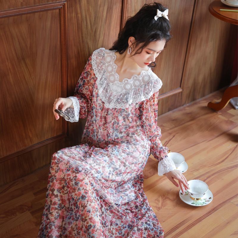 Sweet Floral Printed Mesh yarn Nightgown Dress Lace Long Model Nightdress Ladies Outerwear Dress Retro Homewear: 2 / XL