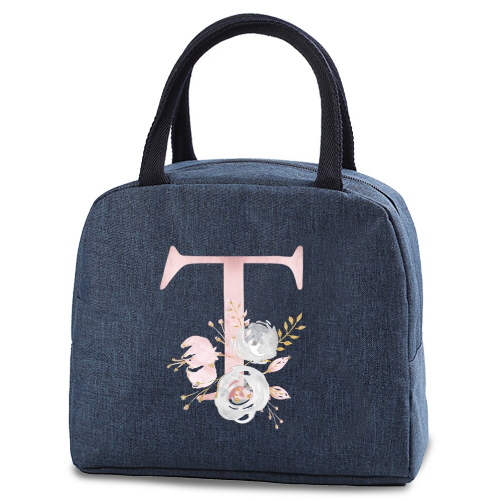 Saco térmico isolado almoço alimentos armazenamento sacos refrigerados zip piquenique tote carta rosa flor impressão fonte a b c d e bolsa: Prateado