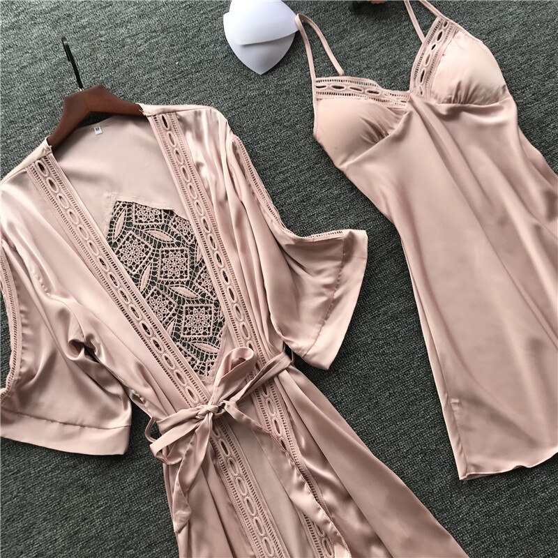 QWEEK Women Nightwear Robe Sets V-Neck Robe Set Bathrobe Set Spring Summer Robe Pijama Nightgown Robe Lingerie Femme Sexy: Pink / XL