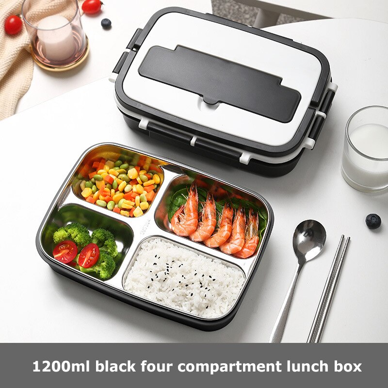 Draagbare Lunch Box Rvs Bento Box Met Servies 3/4 Compartiment Voedsel Container Lekvrije Lunchbox Voor School Office: 4 Grid Black