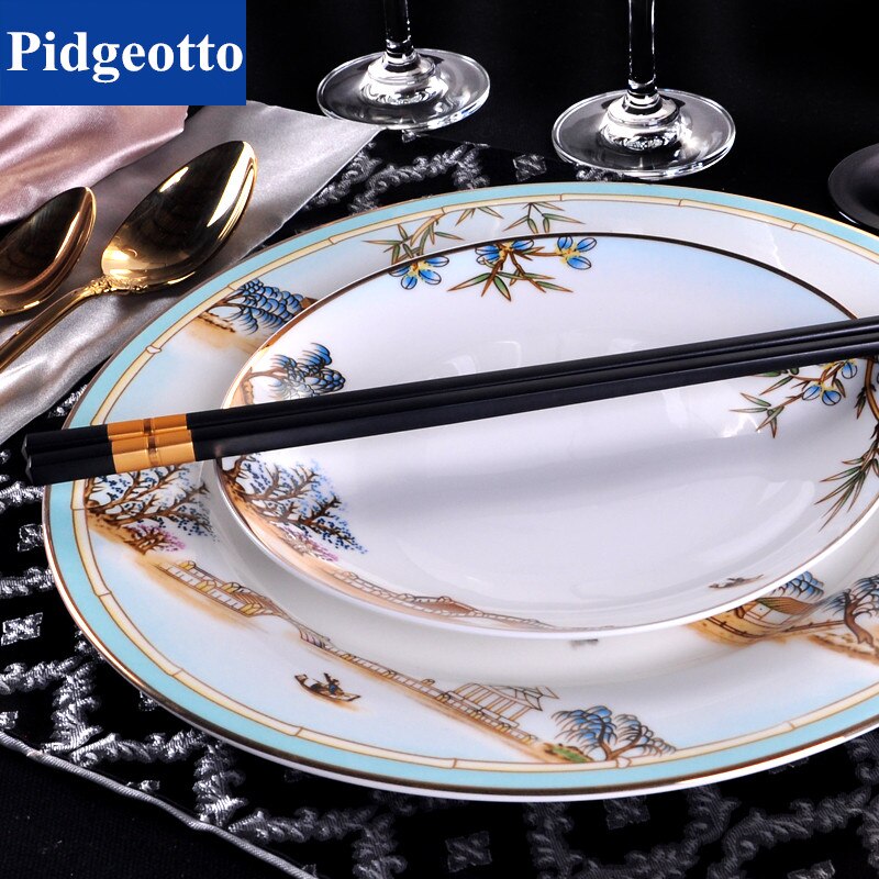 Chinese Style Porcelain Dinner Plates High-end West Lake Hotel Tableware Cutlery Set Decorative Flat Steak Plate