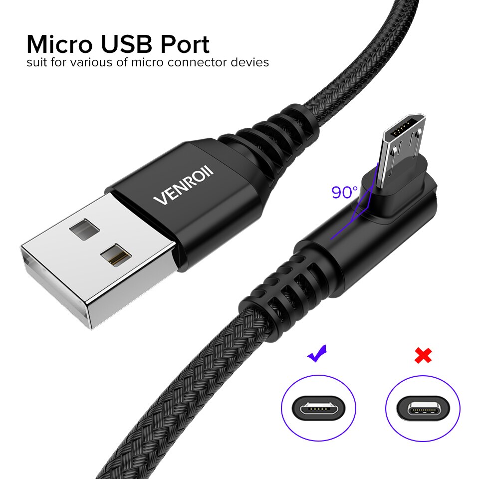 Venroii Snelle Opladen Micro Usb Kabel 90 Graden Mobiele Telefoon Game Cord Android Draad Voor Samsung Xiaomi Redmi 7A Huawei honor 8X