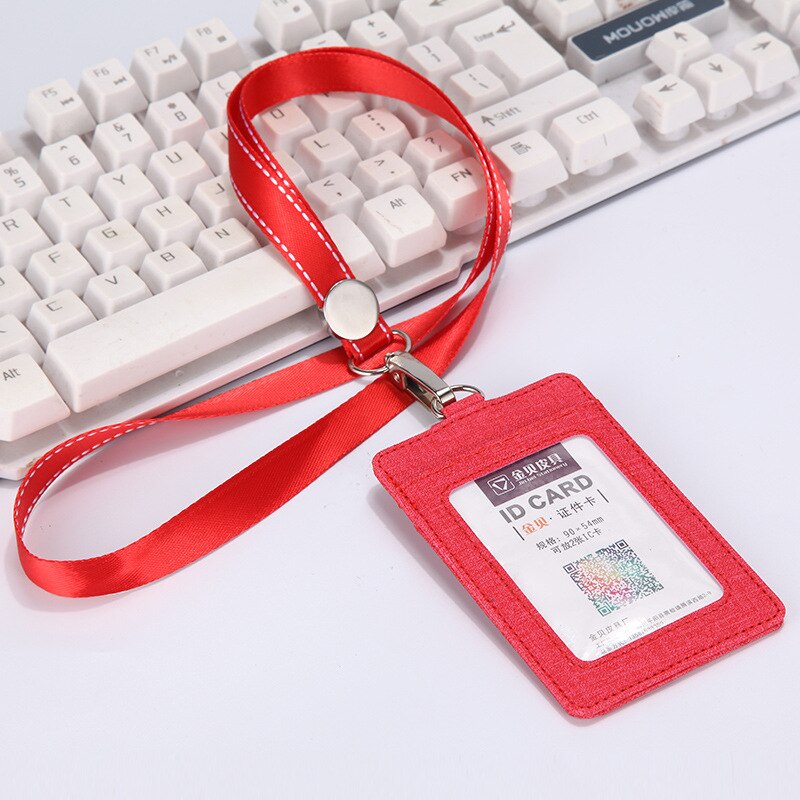 Work Badge Business Card Holder Men Women Worker with Rope Retractable PU Leather Employee Name ID Card Case Lanyard: red