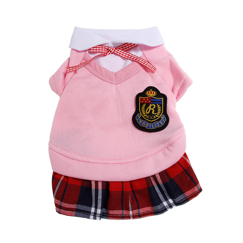 Pet school style hoodie cat dog college style couple wear kitten puppy school uniform skirt dog shirt cat T-shirt pet clothes: Pink skirt / M