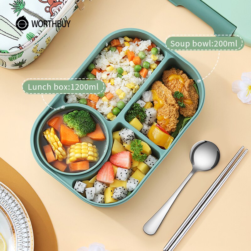 WORTHBUY Microwave Lunch Box For Kids School Plastic Food Container Leak-Proof Bento Lunch Box With Compartment Lunch Container