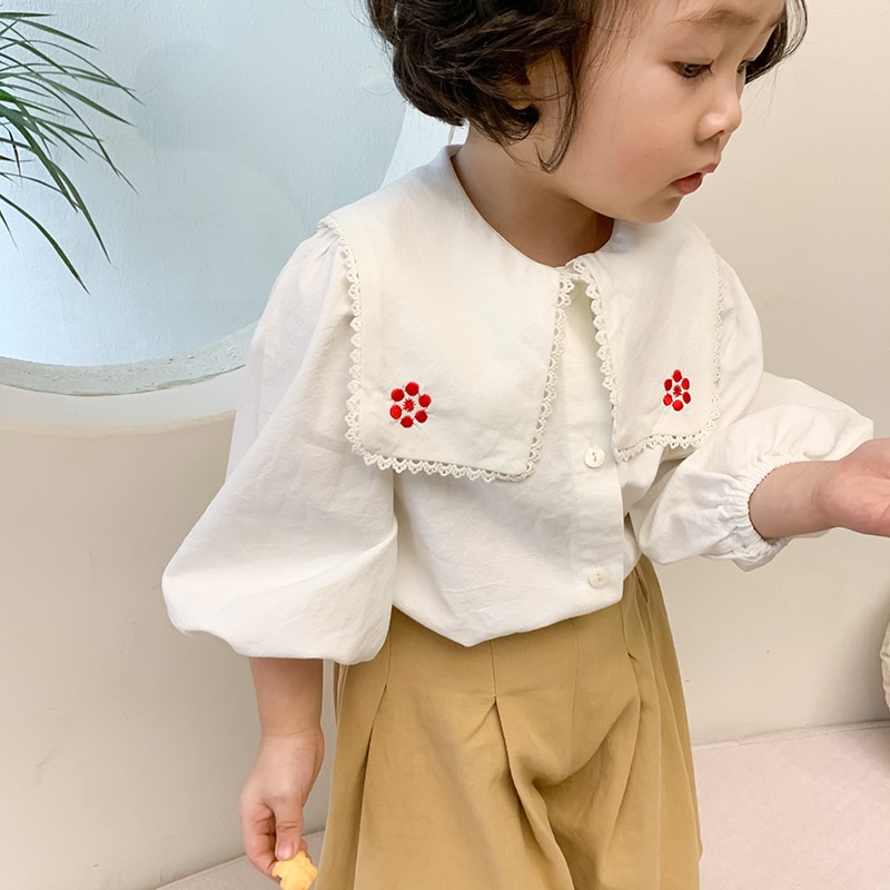 Spring Baby Girls Cute Embroidery Turn-down Collar Shirts Toddler Kids Long Sleeve Floral Tops Clothing: beige / 4T