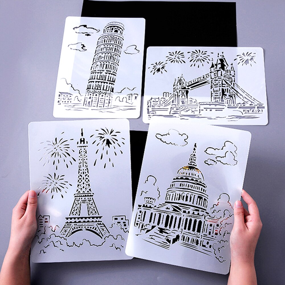 Hollow Flower Template DIY Architecture Series Painting Template Openwork City A4 Lace Ruler Template Student Supplies