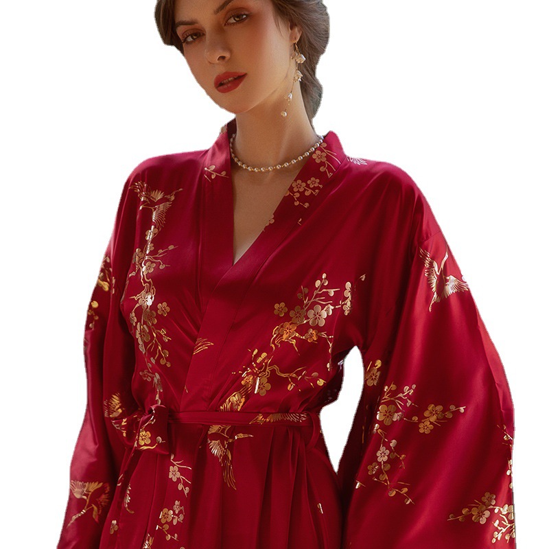 Bata Kimono Burdeos de lujo para mujer, albornoz Sexy con flor bronceadora, ropa de dormir , camisón para novia y boda