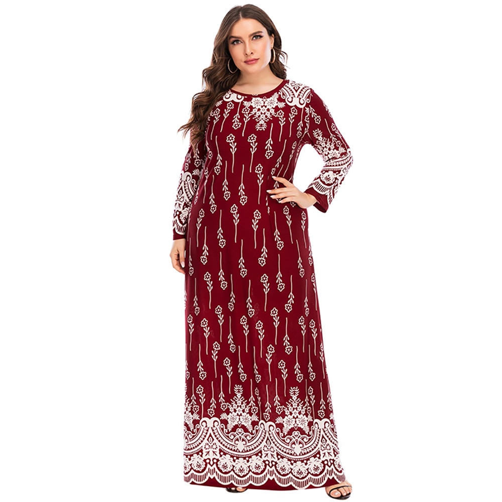 5XL grande taille Abaya robe musulmane femmes automne hiver à manches longues rétro imprimé Floral Maxi longue robe turque vêtements islamiques: Rouge / XXXL