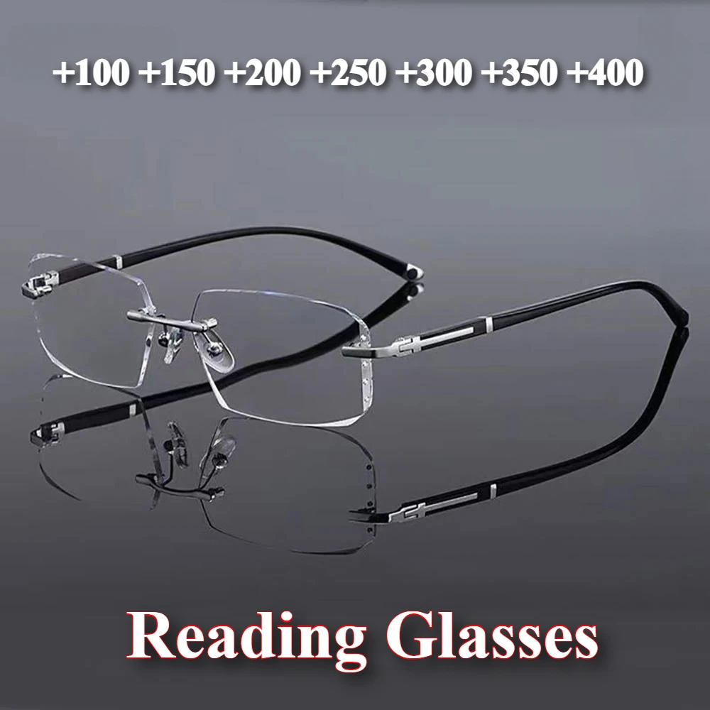 Miesten lukulasit, reunattomat, leikatut reunat, ikänäköiset lasit, sinisen valon esto, väsymystä estävät lasit, ikänäkö, kirkas linssi, lasit kuvalla