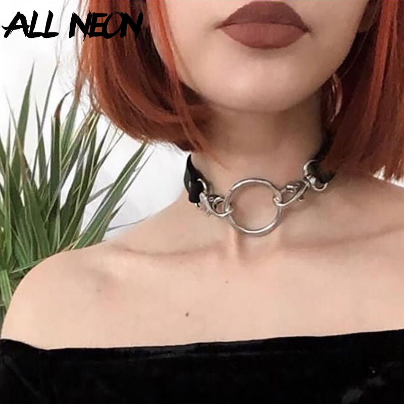 Allneon punk chocker couro redondo chique colar grunge estilo jóias de aço inoxidável mulher plutônio pulseira gargantilha