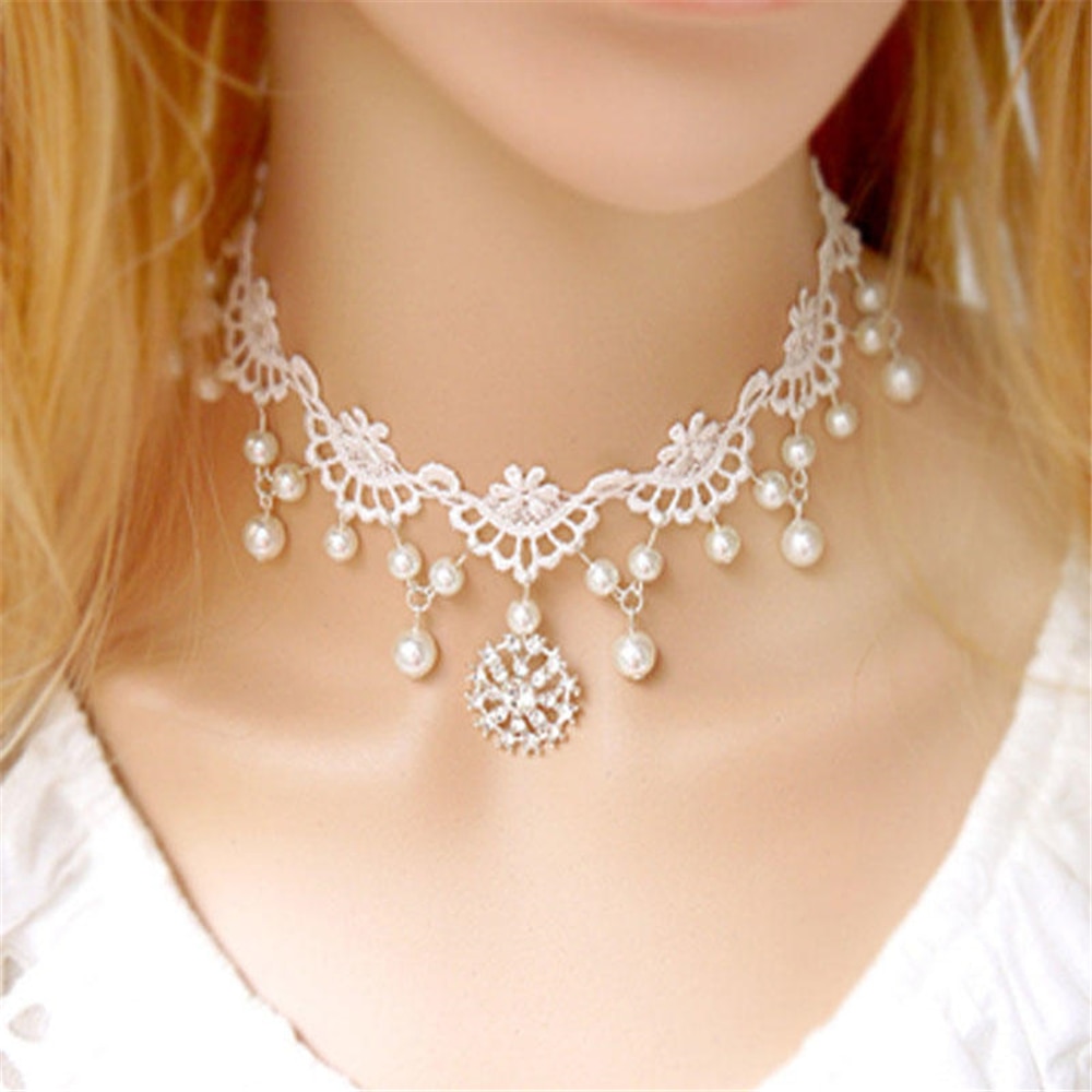 Gargantilla de cuentas de encaje blanco de victoriano Steampunk estilo gótico Collar para mujer chica boda joyería