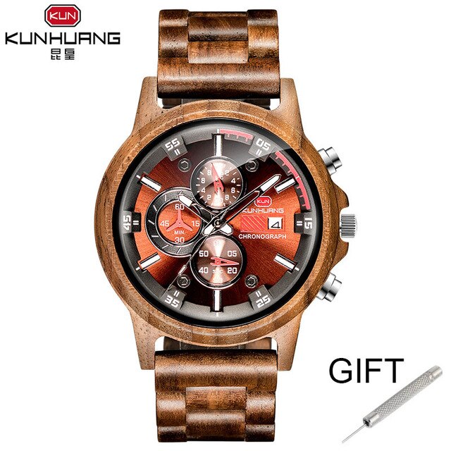 Handgemaakte Natuurlijke Houten Horloges Chronograaf Datum Sport Heren Horloges Top Luxe Horloge Met Japanse Beweging Voor: Walnut wood