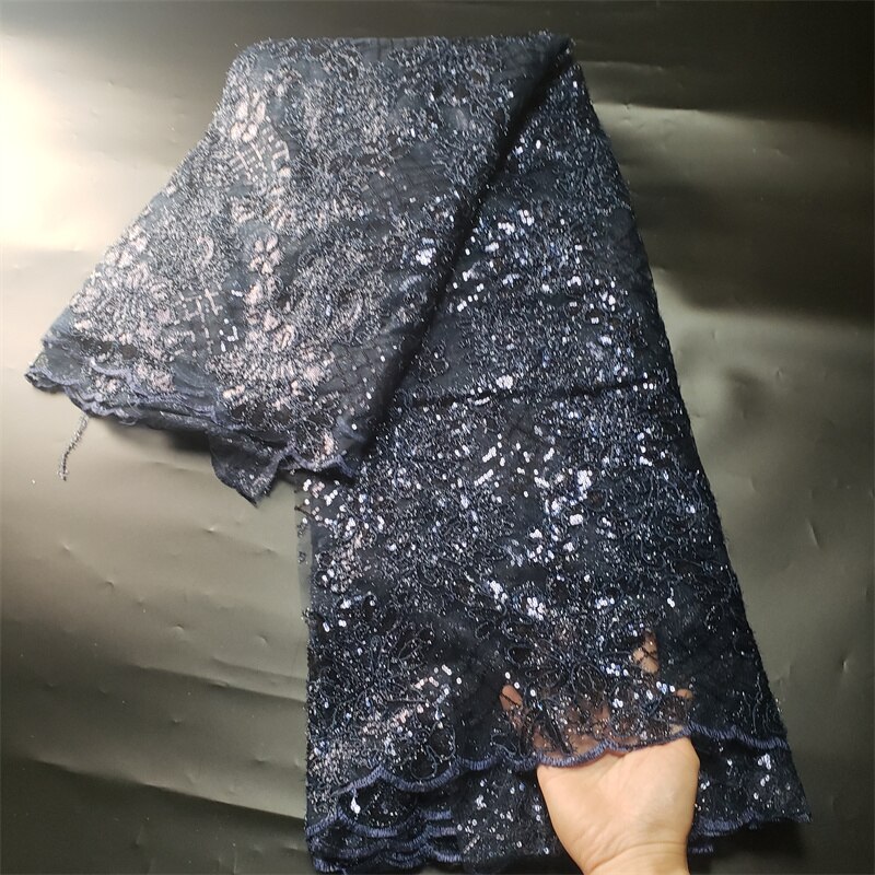 Classic African French Tulle Lace with Sequins For Wedding Dress NN338_L: Navy blue