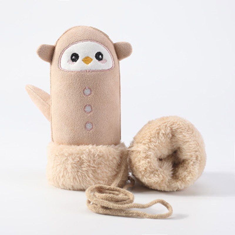 Gants pour enfants hiver épais cachemire dessin animé pingouin requin daim cuir gants garçon/fille suspendus cou mitaines de Ski H29: A Khaki