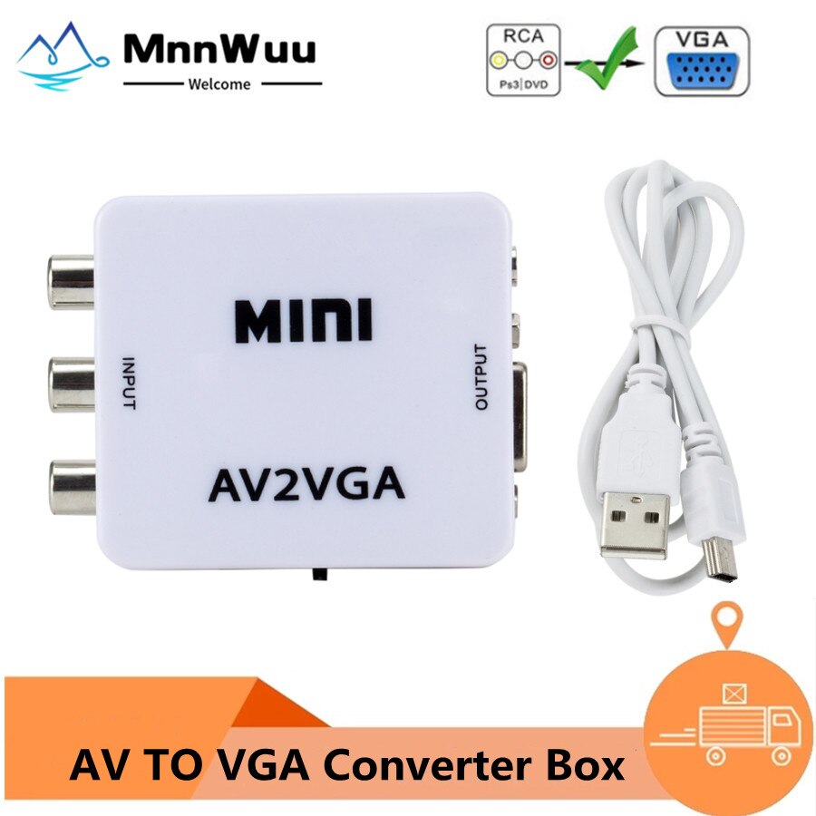 Convertidor Mini RCA a VGA, convertidor AV2VGA con Audio de 3,5mm, convertidor de vídeo RCA a VGA para PC a TV, ordenador HD a TV, AV a VGA