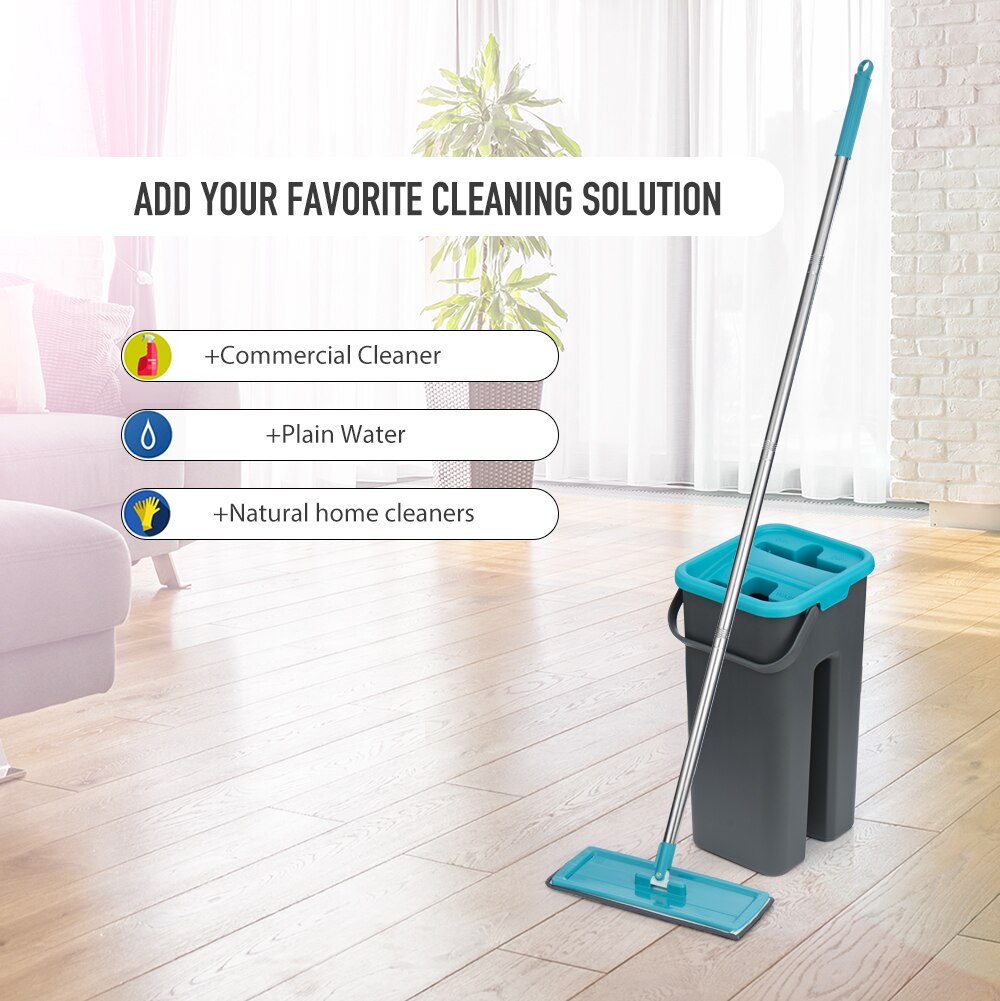 Flat Squeeze Mop and Bucket Hand Free Wringing Floor Cleaning Mop Microfiber Mop Pads Wet or Dry Usage on Hardwood