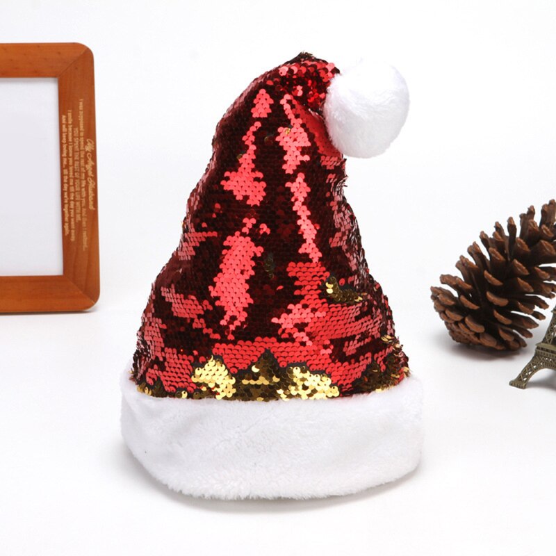 Kerstmuts Pailletten Korte Pluche Xmas Hoed Shiny Kerst Cap Decor Caps Pluche Warme Kerst Hoed