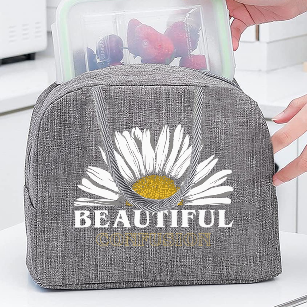 Thermal Food Picnic Lunch Box Insulated School Child Food Bag Tote Lunch Bags for Work Daisy Pattern Cooler Bag for Women: GRAY