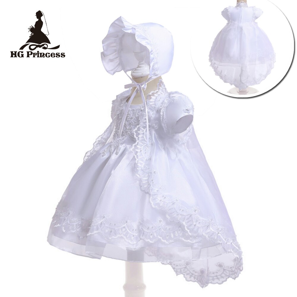 3M-12M Cotton Lining Baby Baptism Dresses Embroidery White Infant Dress Communion Organza Girls Christening Gowns: White / 3M