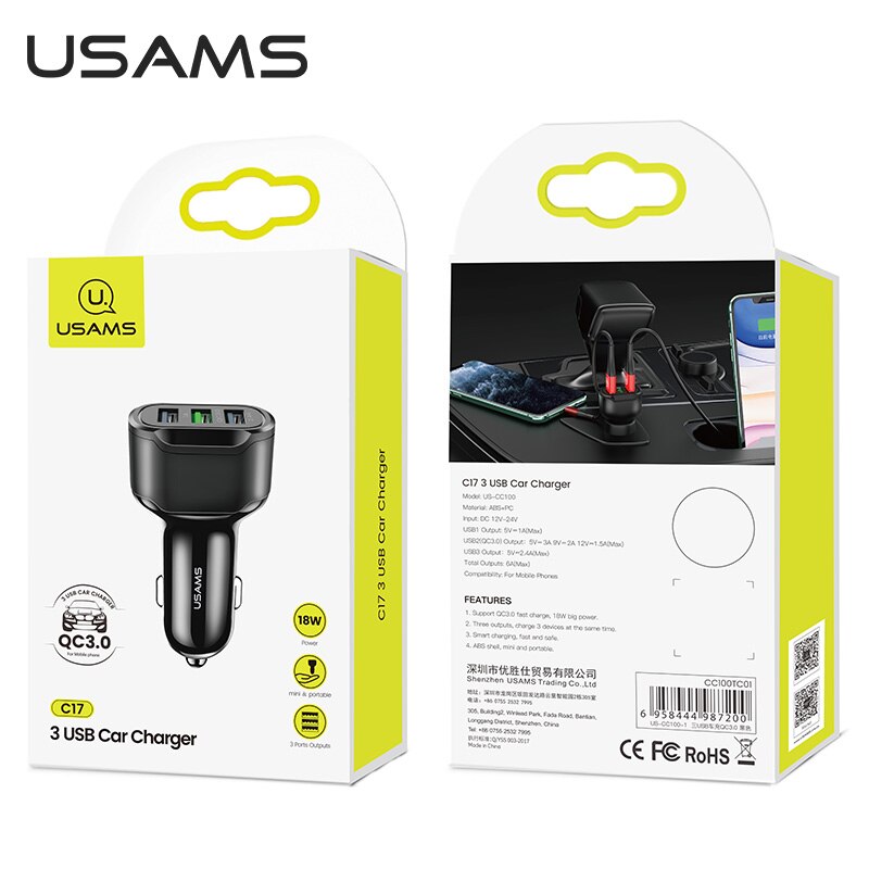 Usams Autolader Qc 3.0 Pd Snel Opladen Voor Iphone 11 Pro Xiaomi Huawei P30 Pro 18W 3A Auto telefoon Snellader 3 Usb-poorten