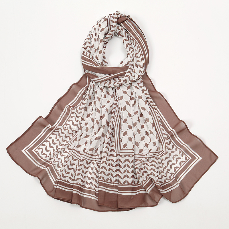 Breathable Chiffon Hijab Vintage Printed Long Scarf Geometric Pattern Head Wrap for Women Lightweight Thin Soft Cozy Shaw: red brown