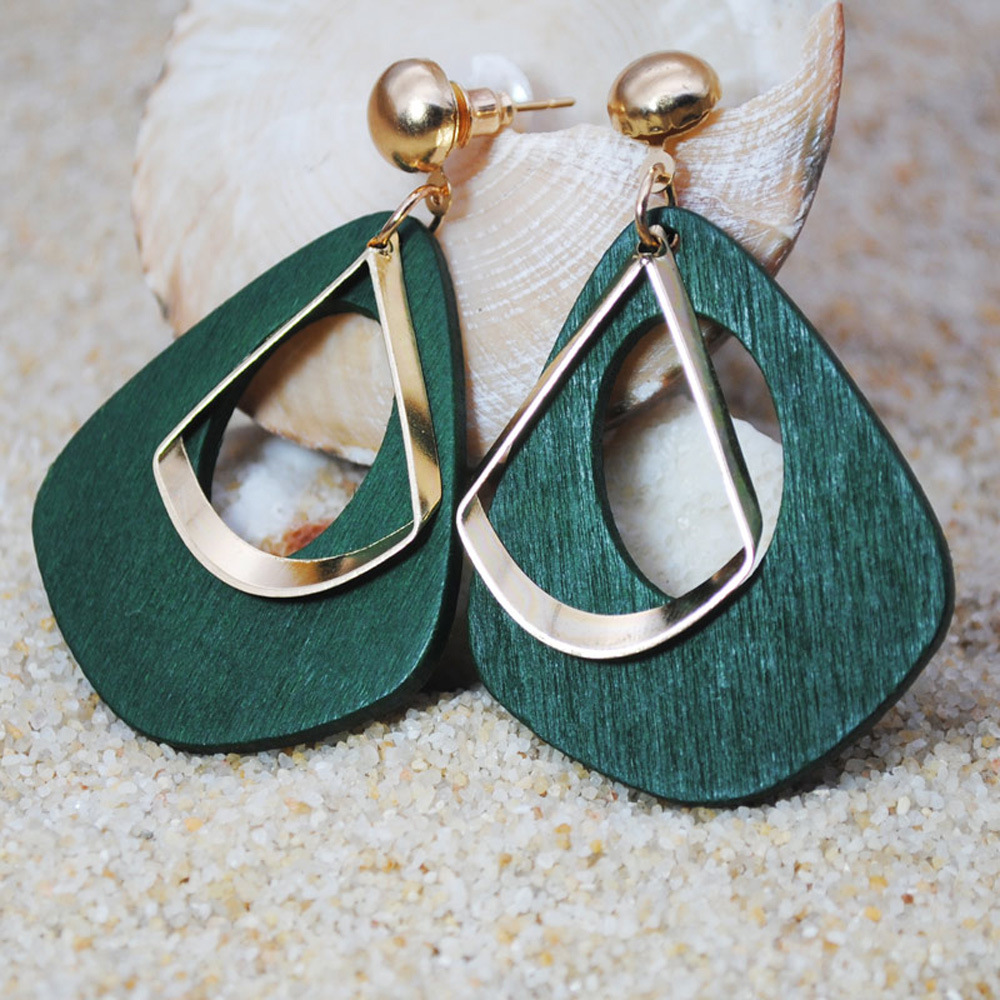 Trendy vintage houten waterdruppel met metalen holle lange oorbellen voor vrouwen Boheemse verklaring oorbellen partij sieraden cadeau