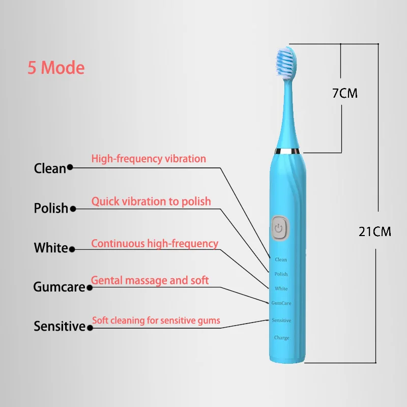 Cepillo de dientes eléctrico, vibrador ultrasónico, blanqueamiento dental, carga rápida por USB, cepillo de dientes sónico recargable, resistente al agua IPX7
