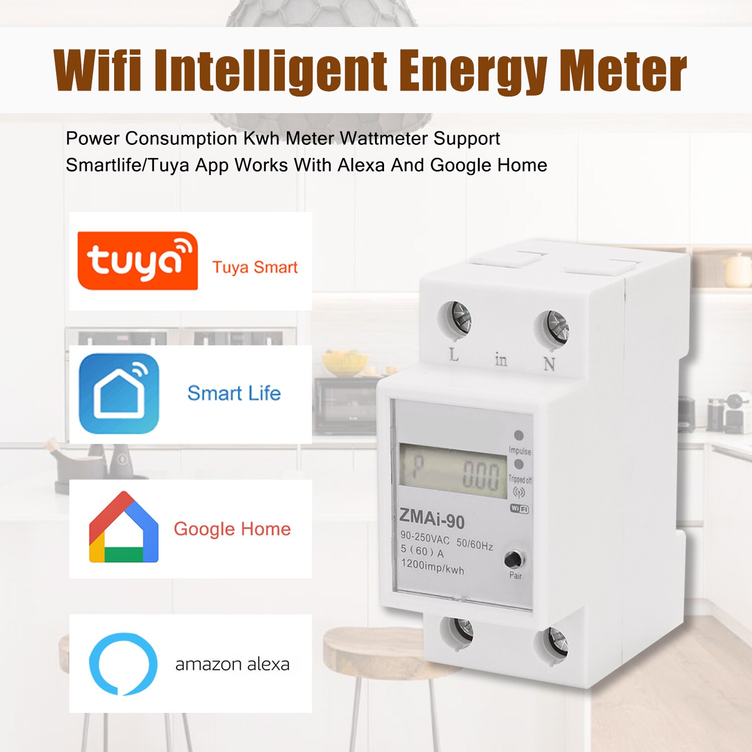 Wifi Intelligent Energy Meter Single Phase Din Rail Power Consumption Kwh Meter Wattmeter Works With Alexa And App Google Home
