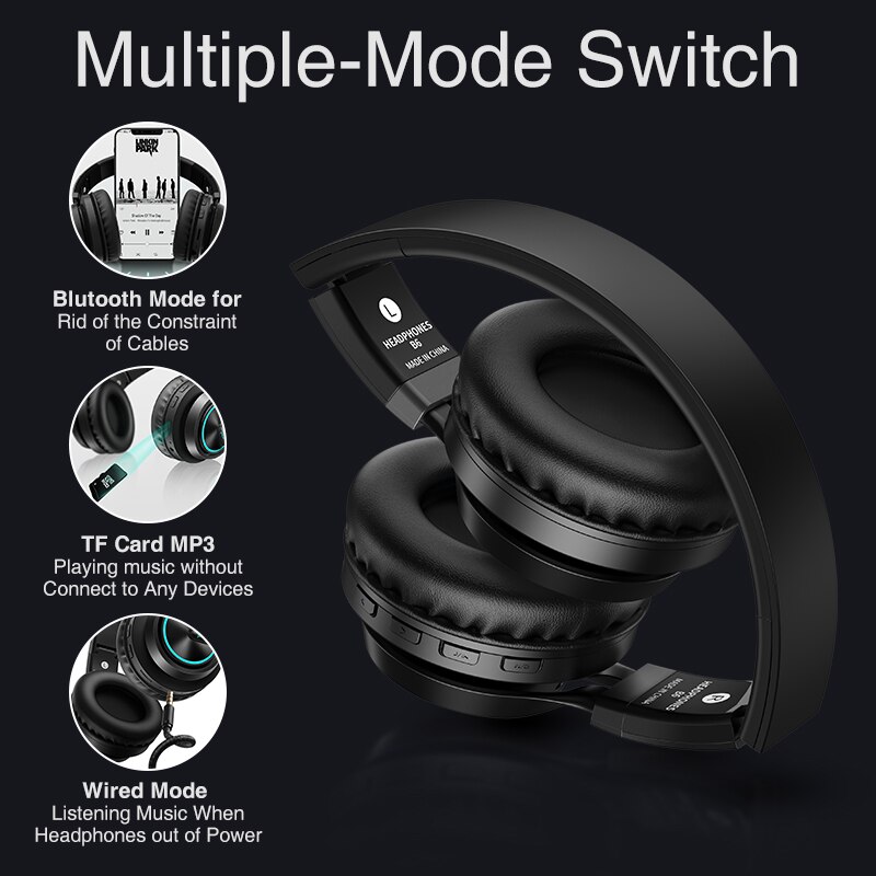 Picun B6 casque sans fil Bluetooth 5.0 HiFI stéréo casque pliable casque écouteurs lumineux LED avec micro HD Supoort TF carte