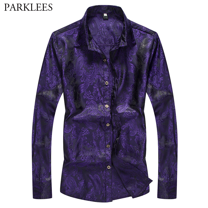 Purple Paisley Floral Shirt Men Autumn Slim Fit Gold Foil Printed Silk Shirt Male Casual Party Perform Chemise Homme