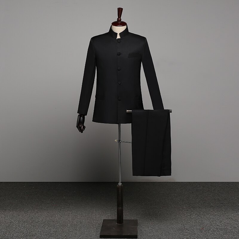 Chinese Style Mandarin Collar Men's Suits Male blazer casual suit Embroidered Classic Business Wedding Dress Male: Black suit 2PCS / XXL