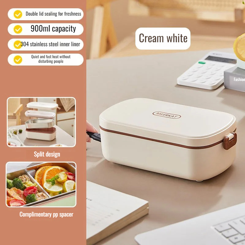 Portable Electric Lunch Boxes Office Thermal Lunch Boxes Water Free Heating Bento Box Stainless Steel Food Warmer: Beige