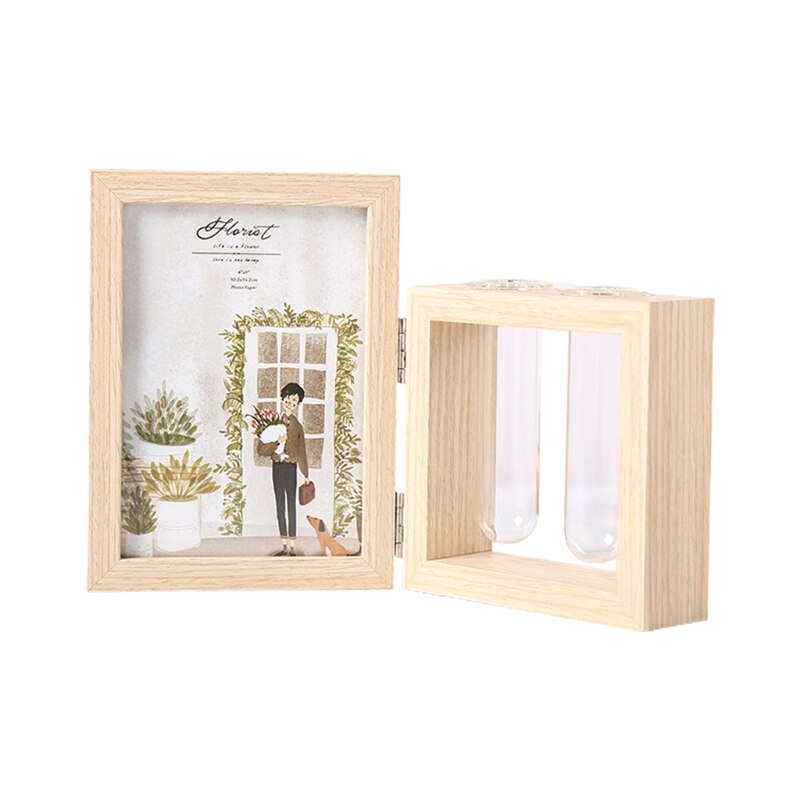 Wood Picture Frame and Plant 2 Vase Combo, Double Sided Display Hinged Desktop Wooden Stand, Glass Planter Terrarium