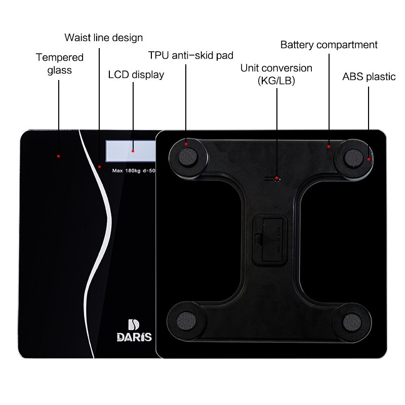 Krop digital vægtskala gulv smart elektronisk badeværelse husholdningssundhed krop hærdet glas lcd-skærm 180kg/50g