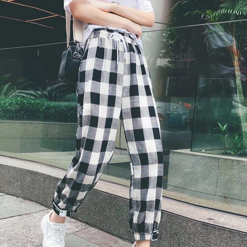 ROPALIA Women Autumn Casual Pants Clothes Black White Plaid Female Harem Pants Loose Drawstring Pants Clothing