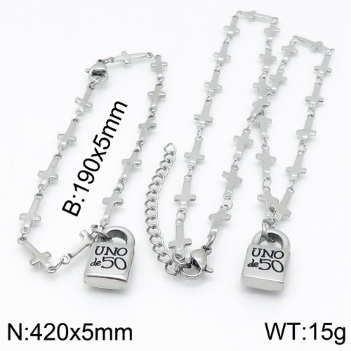 femmes hommes couleur argent or acier inoxydable serrure ronde clé Uno 50 boule perle Bracelet collier ensembles de bijoux: 17