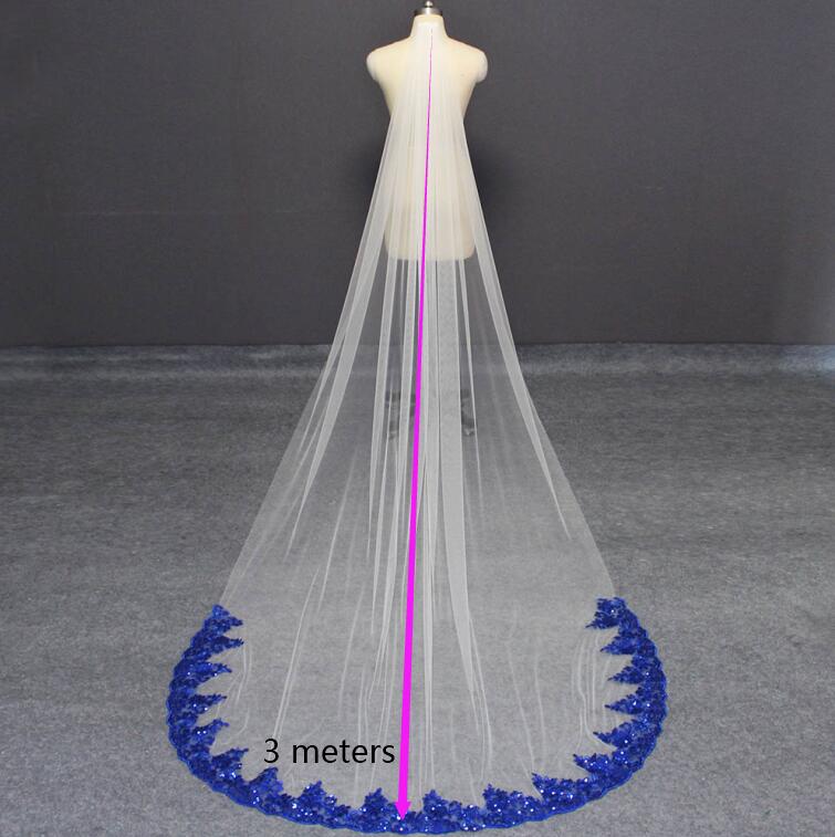 Velo de novia de encaje azul real, velo largo de tul suave blanco marfil, 3 metros de velo de novia con encaje de lentejuelas, accesorios de boda Welony